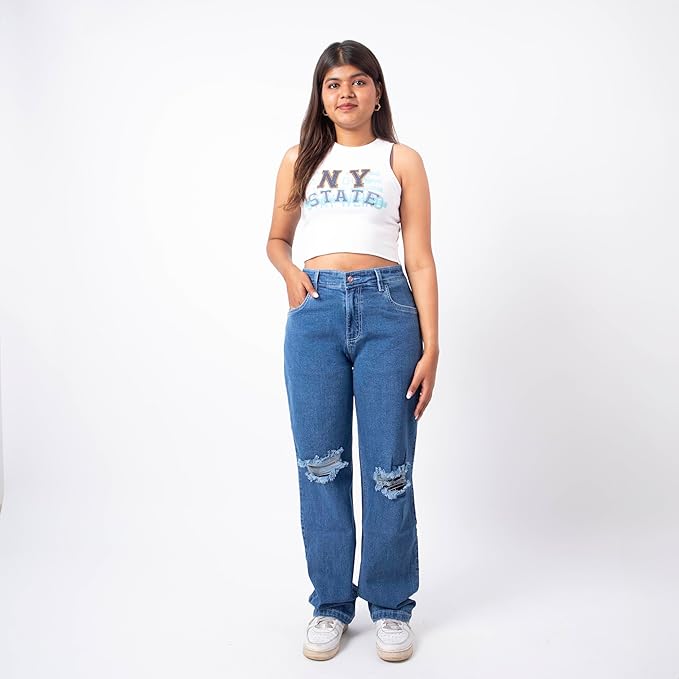 RESTART LIFESTYLE Distressed Jeans for Women - Denim Cotton Dark Blue Jeans for Women - Regular Fit Straight Jeans for Girls - Women Jeans Straight Fit