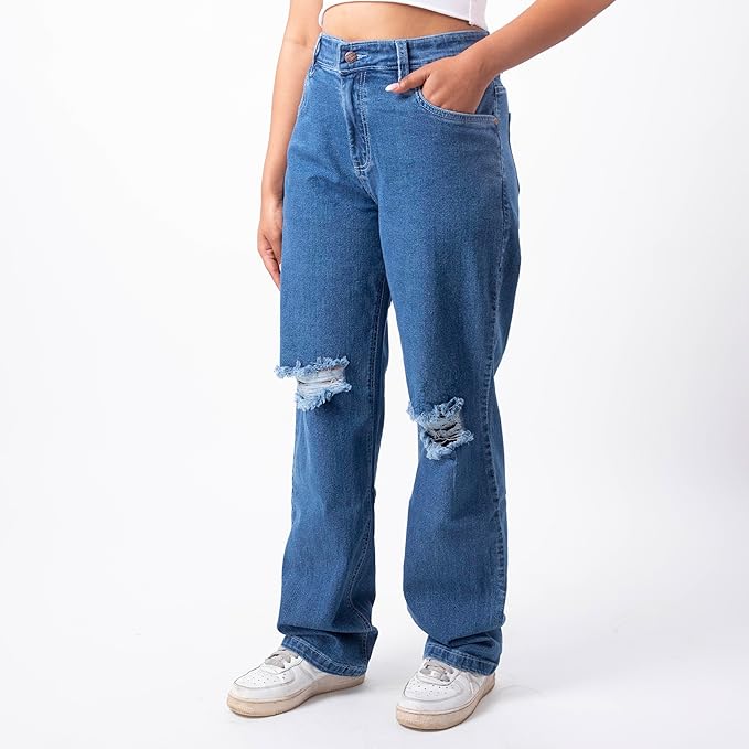 RESTART LIFESTYLE Distressed Jeans for Women - Denim Cotton Dark Blue Jeans for Women - Regular Fit Straight Jeans for Girls - Women Jeans Straight Fit