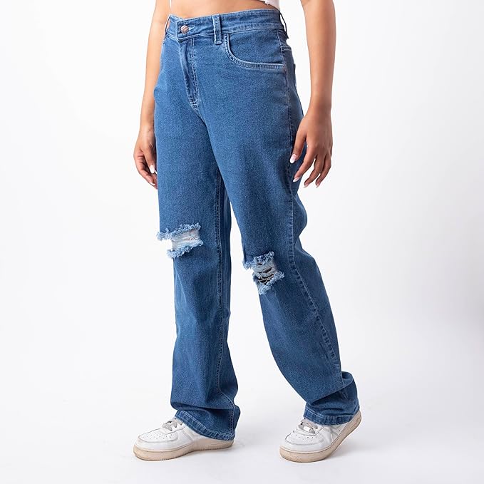 RESTART LIFESTYLE Distressed Jeans for Women - Denim Cotton Dark Blue Jeans for Women - Regular Fit Straight Jeans for Girls - Women Jeans Straight Fit