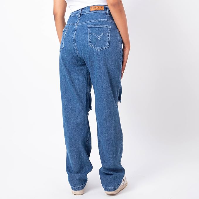 RESTART LIFESTYLE Distressed Jeans for Women - Denim Cotton Dark Blue Jeans for Women - Regular Fit Straight Jeans for Girls - Women Jeans Straight Fit