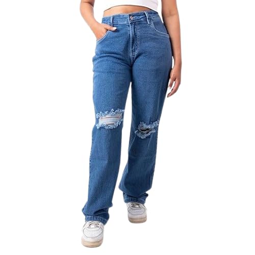 RESTART LIFESTYLE Distressed Jeans for Women - Denim Cotton Dark Blue Jeans for Women - Regular Fit Straight Jeans for Girls - Women Jeans Straight Fit
