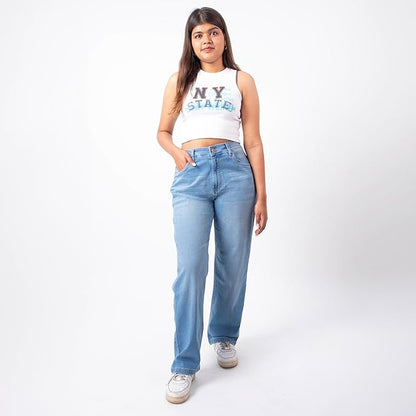RESTART LIFESTYLE Mid Waist Jeans for Women - Women Jeans Straight Fit - Regular Fit Straight Jeans for Girls - Denim Cotton Light Blue Jeans for Women